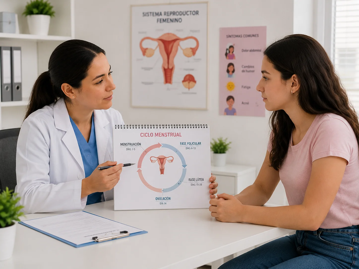 Una adolescente joven consultando un calendario con expresión de duda o preocupación